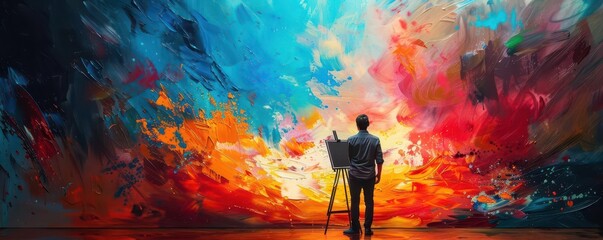 The silhouette of a painter at their canvas, with a chaotic splash of colors behind
