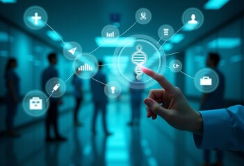 Fototapeta premium Futuristic Medical Technology: Holographic Icons and Digital Interfaces Transforming Healthcare in Modern Hospitals