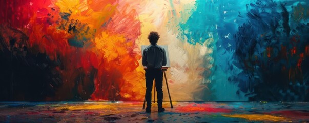 The silhouette of a painter at their canvas, with a chaotic splash of colors behind