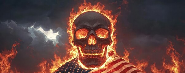 Flaming skull with American flag, dramatic background, artistic representation.