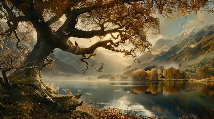 big tree beside a calm river in the afternoon