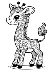 Fototapeta premium Cute baby giraffe with large eyes surrounded by flowers in black and white, generative ai.