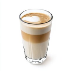 A creamy vanilla almond latte with almond milk and vanilla syrup in a glass, isolated white background, surrealism art style