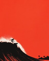 Surfer riding giant wave at sunset with vibrant orange and pink hues in the sky and reflecting on the water. Featuring the silhouettes of palm trees.