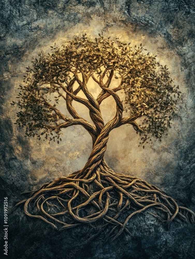 Poster a tree of life, featuring intertwining branches and roots that symbolize growth, unity, and intercon