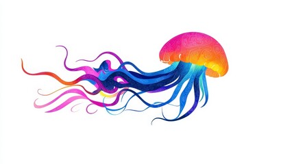 Fototapeta premium Colorful Artistic Jellyfish Illustration with Vibrant Tentacles, Abstract Design in Bright Tones on a White Background for Marine and Ocean Themes