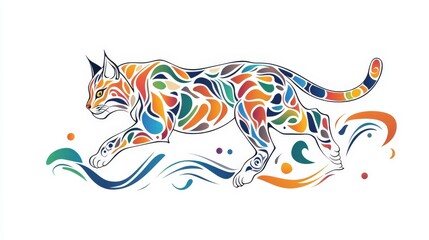 Obraz premium Colorful and Vibrant Abstract Illustration of a Cat in Motion with Dynamic Lines and Swirls, Representing Playfulness and Elegance in Nature