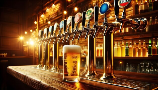 Row of Beer Taps with Glasses Lined Up