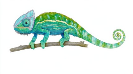 Fototapeta premium Colorful Chameleon Climbing on a Branch with Intricate Details and Vibrant Patterns, Showcasing Its Unique Features Against a Plain Background