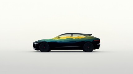 Fototapeta premium Modern Electric Car with Unique Artistic Design Featuring Scenic Mountain Landscape in Vibrant Colors Set Against Minimalist Background