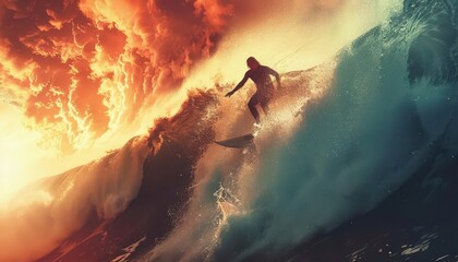 The silhouette of a surfer riding a giant wave, with a pastel sky behind them