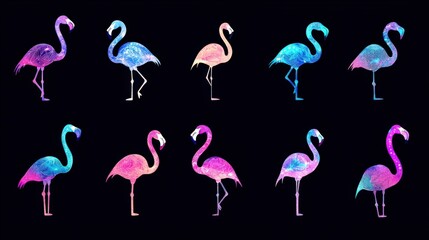 Obraz premium Colorful Abstract Flamingo Collection Against Black Background Showcasing Vibrant Artistic Interpretations of Exotic Birds in Various Poses and Angles