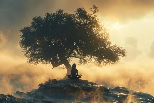 The silhouette of a yogi in a tranquil pose under a tree, surrounded by a misty, ethereal landscape