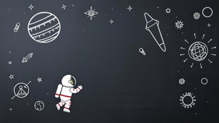 Naklejka premium Happy little Asian girl in astronaut suit drawing universe on class chalkboard, print media, chalkboard, school