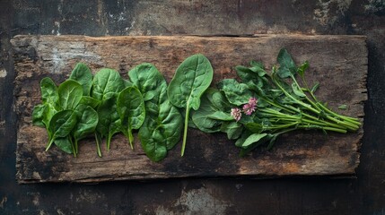 Fresh Spinach Leaves and Stems Arranged on Rustic Wooden Surface with Dark Background, Highlighting the Beauty of Organic Vegetables