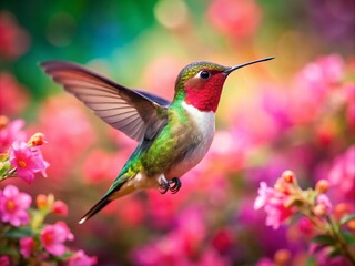 Fototapeta premium A Stunning Tilt-Shift Photography Capture of a Hummingbird Hovering Over a Vibrant Bed of Pink Flowers in Full Bloom, Showcasing Nature's Beauty in a Miniature Perspective
