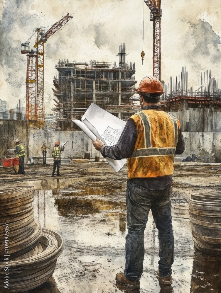 Aufkleber An engineer stands at a construction site, holding blueprints while monitoring the work progress of laborers and machinery around. Generative AI