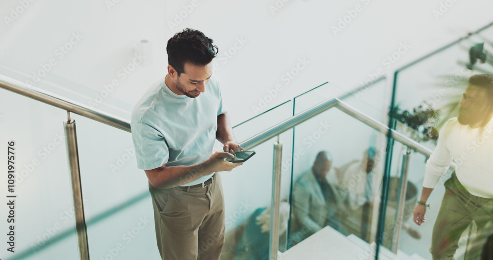 Poster smartphone, texting and stairs with business man in office for communication, conversation or projec