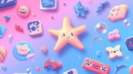 Vibrant and Playful Collection of Cute and Colorful Cartoon Icons Including a Happy Starfish and Various Fun Characters Against a Soft Gradient Background