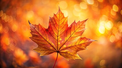 Fototapeta premium A Single Autumn Leaf, Illuminated by Golden Light, Against a Blurred Background of Warm Colors