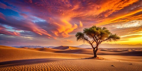 A solitary tree stands tall amidst a landscape of undulating sand dunes, bathed in the warm glow of a vibrant sunset, casting long shadows and painting the sky with hues of orange, pink, and purple.