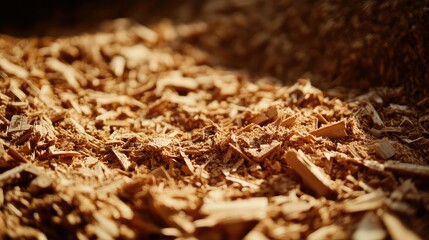 Close-Up of Sawdust Spread Across a Surface in Natural Lighting, Highlighting the Fine Particles and Texture of Wood Residue from Carpentry Work and Wood Processing