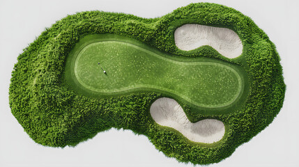aerial view of bunkers sand in golf court with putting green grass with a white accent, simple style, png
