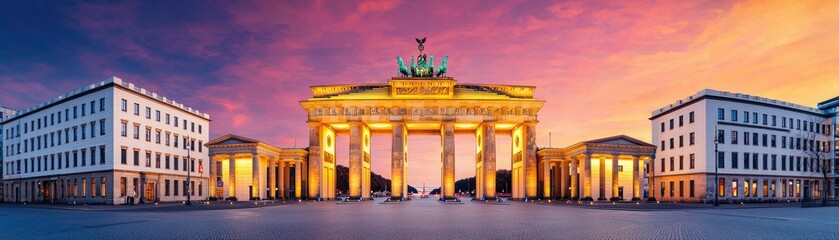 Obraz premium A stunning panorama of the Brandenburg Gate at sunset, showcasing vibrant colors and historic architecture in Berlin, Germany.