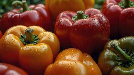 Close-up ripe sweet bell peppers on the field