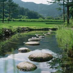 Serene stepping stones across calm stream in lush green rice paddy landscape.