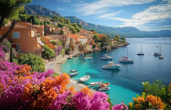 Picturesque Coastal Village Provence France with Bougainvillea and Turquoise Bay