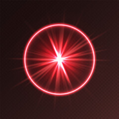 Red light flare, glowing shiny sparkle, lens flare effect, bright glimmering glare. Vector illustration.