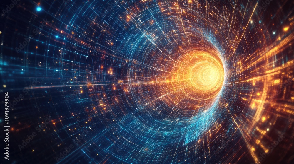 Wall mural abstract digital tunnel of light and data streams