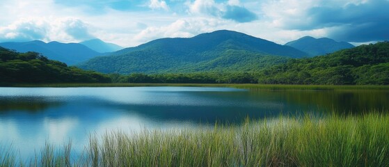 Fototapeta premium Serene lake reflecting mountains under a partly cloudy sky.