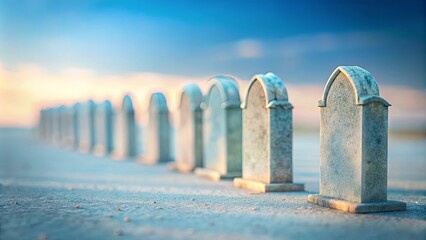 A row of weathered tombstones stand in a field of sand, the setting sun casting a warm glow over the horizon.