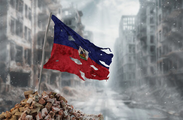Dirty and torn Haiti flag, symbol of resistance and victory. A scene of war and devastation, the ruins of a city destroyed by conflicts. 3D Rendering.