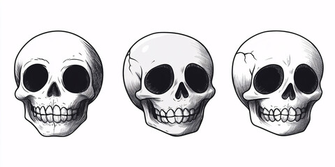 A detailed line art illustration of three human skulls,