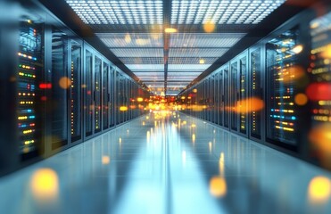 Futuristic High-Tech Data Center with Bright Illuminated Servers and Reflective Floor