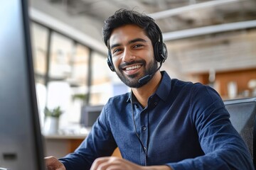 Naklejka premium Happy Indian Call Center Agent Wearing Headset in Office Setting Engaged in Customer Support Conversation