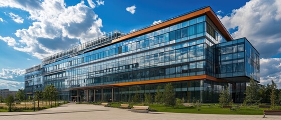 Modern glass office building exterior on a sunny day.