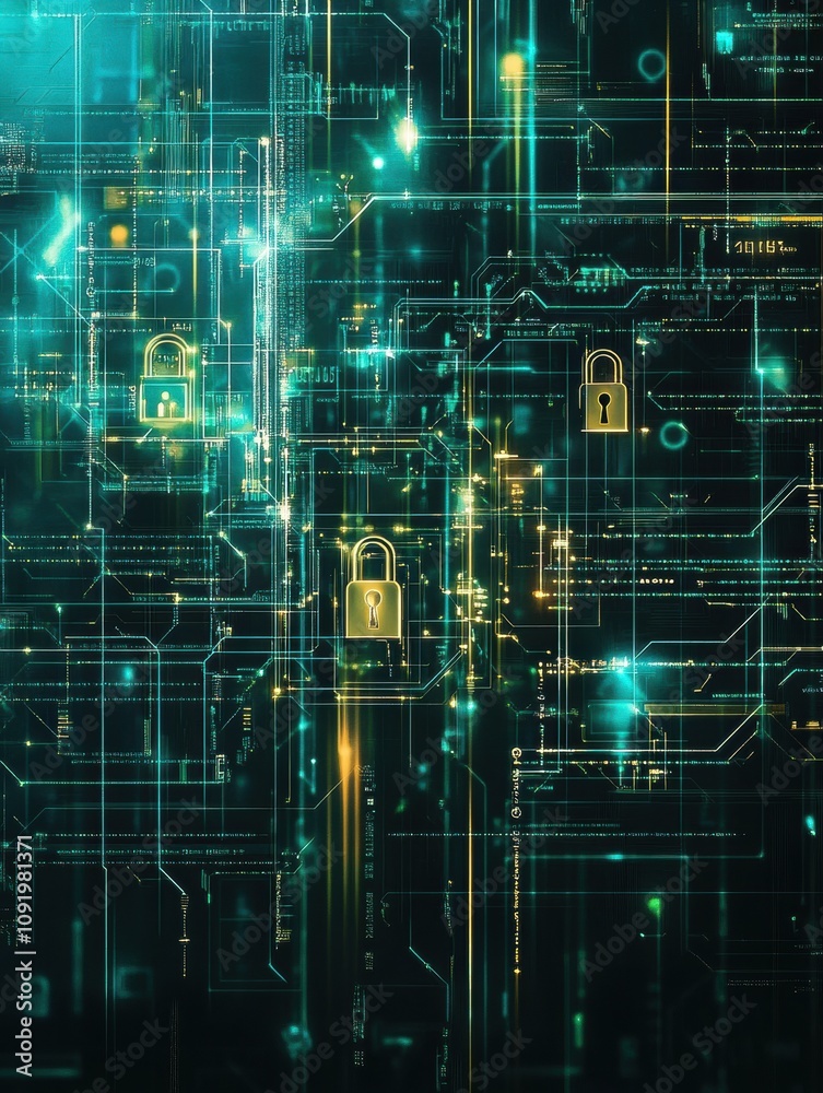 Aufkleber A combination of padlocks and keys creates a vibrant abstract design, emphasizing security within a digital environment filled with circuitry. Generative AI