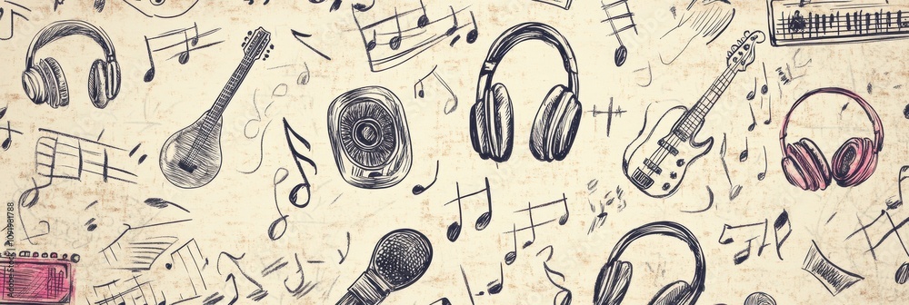 Poster vibrant doodles illustrate various musical elements including instruments, notes, and sound waves, c