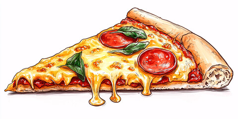 slice of pizza clipart. A digital illustration of a pizza slice with pepperoni, melted cheese and basil leaves