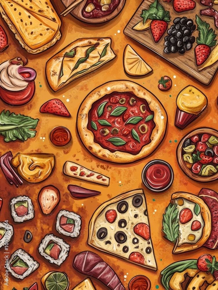 Poster doodle art features an array of vibrant foods like pizza, sushi, fruits, and desserts arranged playf