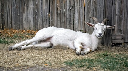 Obraz premium Relaxed white goat resting near a wooden fence.