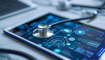Futuristic digital health interface with stethoscope, revolutionizing medical technology, advanced tools transforming patient care.