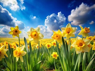 Fototapeta premium Beautiful Daffodil Narcissus Flowers Blooming in a Fresh Spring Meadow Under Bright Blue Skies, Capturing the Essence of Nature's Colorful Beauty and Seasonal Renewal