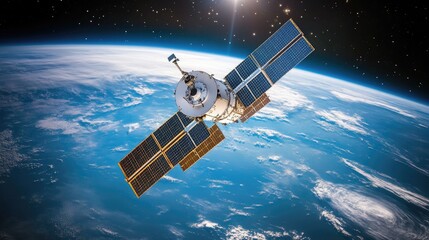 Obraz premium Satellite orbiting Earth, sun rays, solar panels.