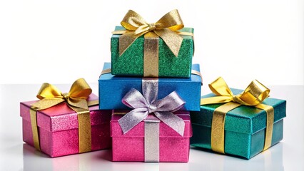 A Festive Display of Wrapped Gifts in Vibrant Hues with Delicate Gold and Silver Ribbons, Reflecting a Festive Spirit