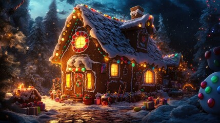 Obraz premium Magical Gingerbread House Surrounded by Festive Holiday Decorations with Snowy Landscape and Colorful Lights in a Enchanting Winter Night Scene